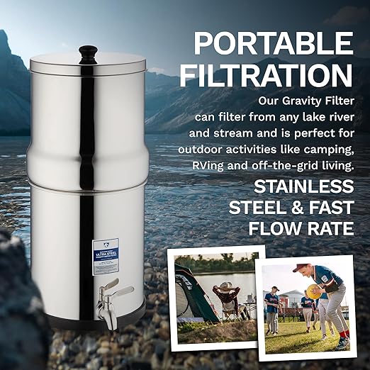 Survivor Filter Ultra Gravity Water Filter System - Stainless Steel Countertop Gravity Fed Water Filter, 2.25 Gallon, for Home and Outdoors - Removes Bacteria, Viruses, and Parasites