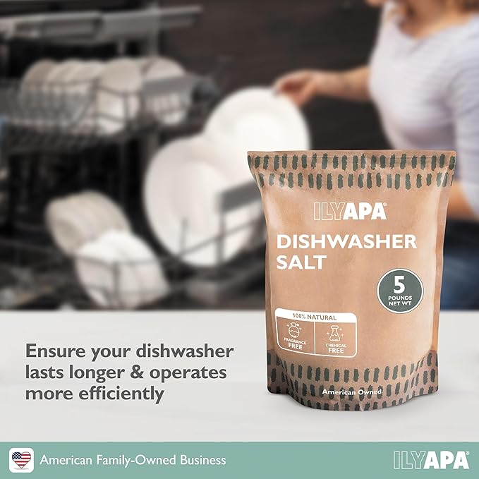 Ilyapa Dishwasher Salt 5 lbs - 100% Pure Natural Salt for Dishwasher - Dye and Fragrance Free Water Softener Crystals, Hard Water Rinse Aid