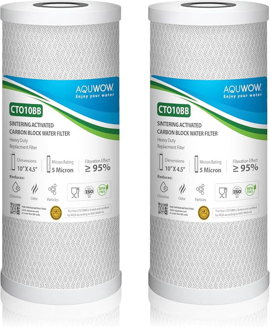 CTO10BB 5 Micron 4.5" x 10" Carbon Block Water Filter Set – Replacement Cartridges for Whole House and Under Sink Systems, Universal Standard Size (2, 10 x 4.5)