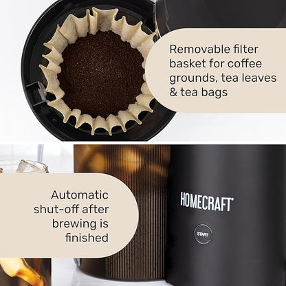 Homecraft Iced Tea Maker & Cold Brew Coffee Machine – 2 Quart Double Insulated Pitcher, Steeping Basket, – Makes Fuit Infused Teas & Iced Lattes – Black