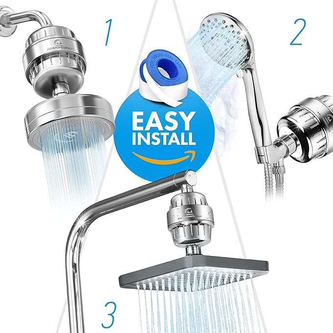 AquaHomeGroup 20 Stage Shower Filter with Vitamin C E and A - Reduces Chlorine, Heavy Metals and Sediment - 5 Cartridges Included - High Pressure - Universal Fit
