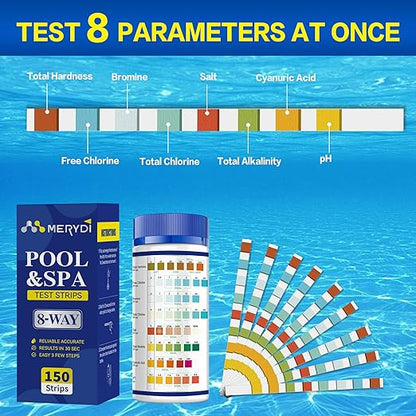 8-Way Pool Salt Test Strips,150 Strips Pool and Hot Tub Test Strips,Accurate Test Salt Bromine,Total Alkalinity,pH,Free Chlorine,Total Hardness, etc Pool Test Strips for Salt Water Testing Kit
