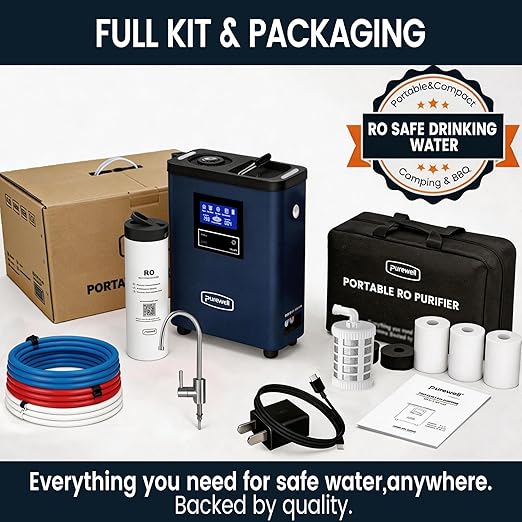 Purewell® K8680 RO Water Purifier System,10-Stage RV Portable Water Filtration Survival with UV,Desalination Rate Reaches 95%,Survival Gear Purification for Drinking,Team Camping，Travel(Blue)