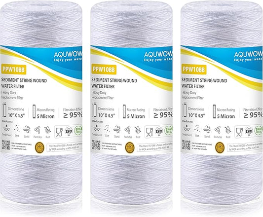 PPW10BB 5 Micron 4.5" x 10" String Wound Sediment Filter Set – Replacement Cartridges for Whole House & Under Sink Systems, Durable Depth Filtration (3, 10 x 4.5)