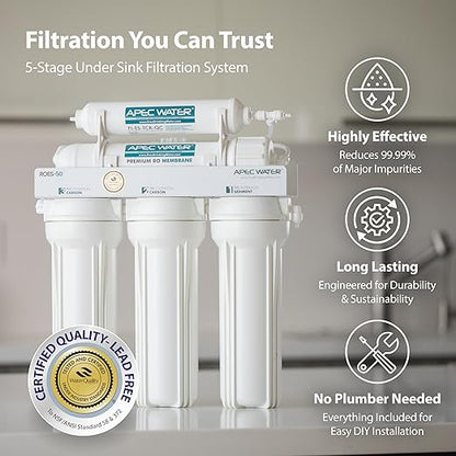 APEC Water 5-Stage Under Sink Reverse Osmosis Water Filter System, ROES-50 Essence Series, WQA Certified, 50 GPD, Reduces 99.99% of Contaminants, Home Water Filtration, DIY Install