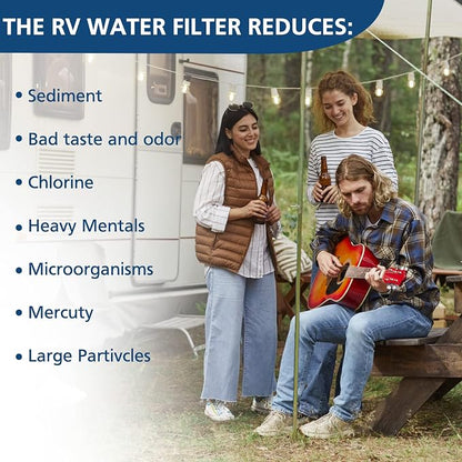 2-pack Advanced RV Inline Water Filter with Flexible Hose Protector | KDF&GAC Reduces Bad Taste, Odors, Chlorine, and Sediment, Camping Essentials for Fresh Drinking Water