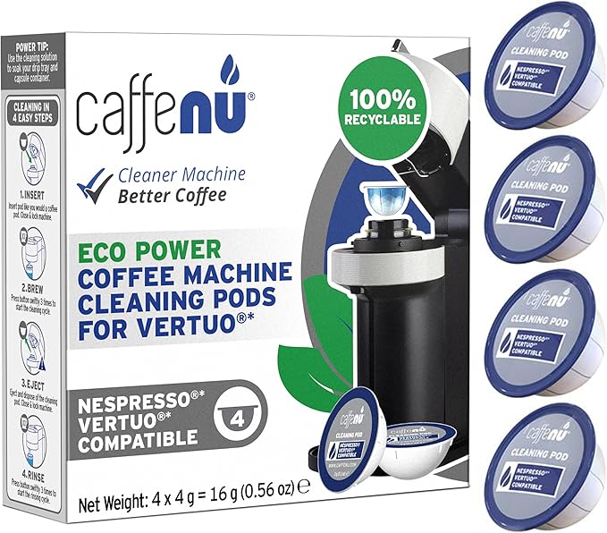 Caffenu Cleaning Pods Compatible with Nespresso Vertuo. 4 Cleaner Capsules. For Improved Coffee Flavor and Crisp Coffee. Use with Descaling Kit