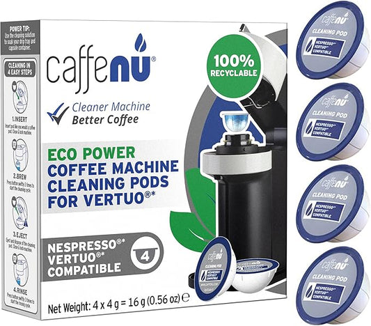 Caffenu Cleaning Pods Compatible with Nespresso Vertuo. 4 Cleaner Capsules. For Improved Coffee Flavor and Crisp Coffee. Use with Descaling Kit