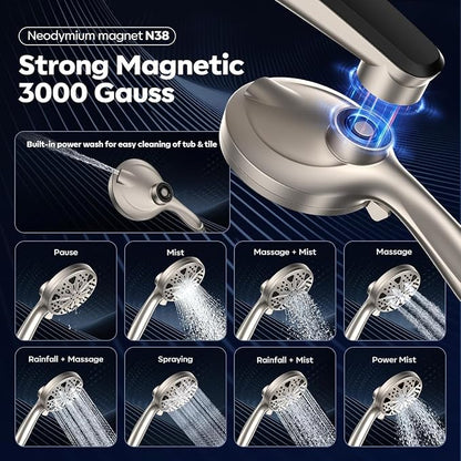 Rain Shower Head with filtered Handheld High Pressure rainfall Shower Heads with Handheld Spray Combo Adjustable one-piece stand daul shower head Built-in Magnetic Docking and Power Jets-brush nickel