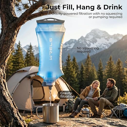 WRELS Gravity Water Filter 3L,Camping Water Filtration System with Purifier 0.1 Micron Hollow Fiber Filter for Camping, Backpacking & Travel BPA-Free