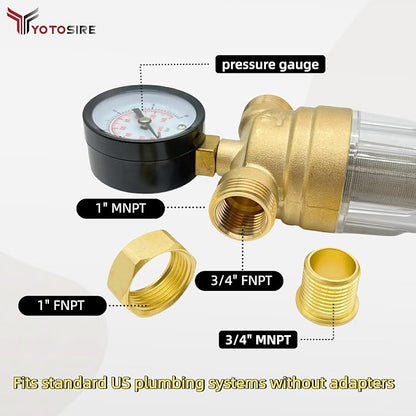 Spin Down Sediment Water Filter System with Pressure Gauge, 50&100 Micron Stainless Steel filter Mesh Pre-Filter for City/Well Water, 1" MNPT & 3/4" FNPT/MNPT Ports, Easy Backwash Cleaning