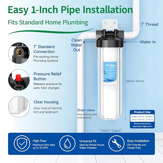Whole House Water Filter Housing, Includes 1 Pack PP Sediment Filter, 20"x4.5" Transparent Housing with 1" NPT, 2 Valves, Reduces Sediment, Rust and Dirt, Pre-Filtration System for City & Well Water