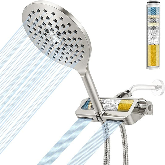 Handheld Shower Head with Filter High Pressure 2-in-1 Dual Spa System 7.5" Rainfall Filtered Showerhead Water Softener Filters for Hard Water 59" Stainless Steel Hose Brushed Nickel