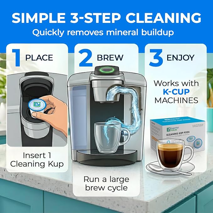 Essential Values Cleaning Pods, Compatible with Keurig, Descaling Solution 10-Pack, Descaler for Keurig Coffee Machines, Pot Kit, Coffee Maker Cleaner Filter Pods