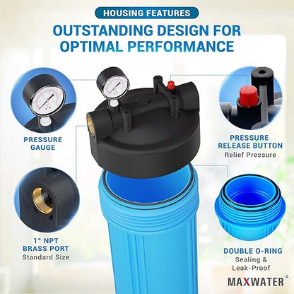 Max Water Whole House Water Filter Housing, 20" x 4.5" Sediment Carbon Cartridge Universal Housing, Pre-Filtration System for Well and City Water with 1" NPT Port and Include 1 Sediment Filter