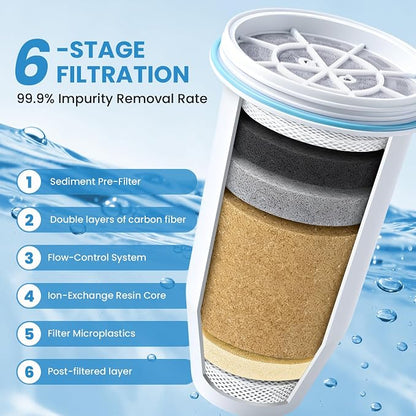 0 TDS Water Filter Replacement for Zero Pitcher & Dispenser | Upgraded 6-Stage Filtration | Removes 99.9% of Lead, Chromium, PFOA/PFOS | Compatible with ZR-001, ZR-004, ZR-017 | 6-Pack