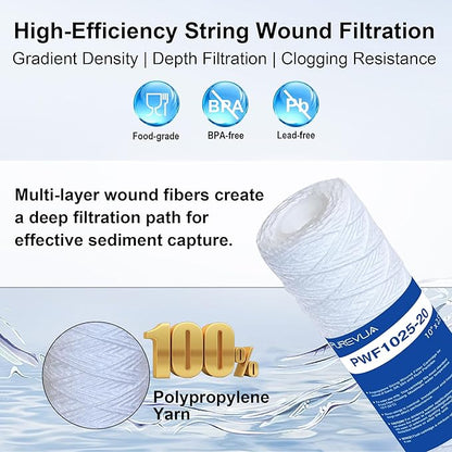 20 Micron 10"x2.5" String Wound Sediment Filter, Whole House Water Filter Cartridge for Well Water, Compatible with CW-F, AO-WH-PRE-R2, WHKF-WHSW, Fits Standard 10" Housings, 6 Pack
