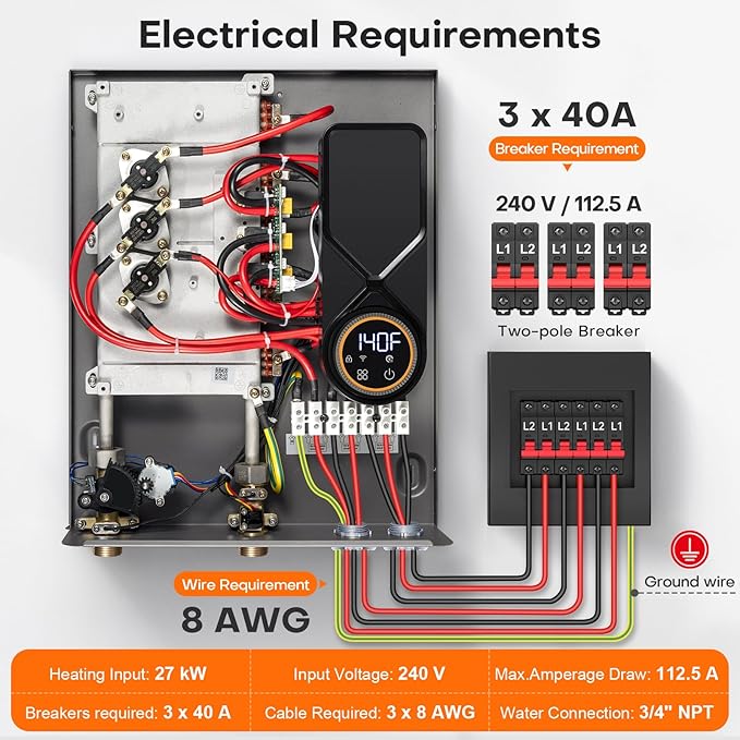27kW Tankless Water Heater Electric 240V, On Demand Hot Water, Automatically Maintains Water Temperature, Up to 6.5 GPM, WiFi Control, ETL Eertified, Eco, WM27V Plus
