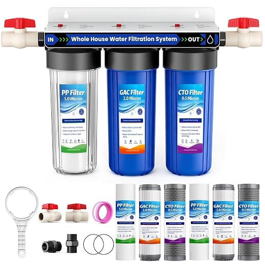 Whole House Water Filter System for Well Water,3-Stage Whole Home Water Filtration System,Reduces Taste & Sediment,Chlorine,for Cleaner Water, Includes 3 Sets Filters (2 Years Supply), 2 Valves, 3/4”