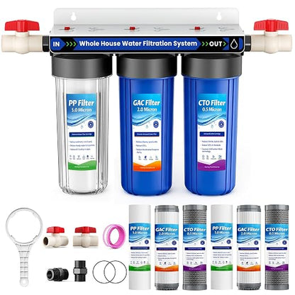 Whole House Water Filter System for Well Water,3-Stage Whole Home Water Filtration System,Reduces Taste & Sediment,Chlorine,for Cleaner Water, Includes 3 Sets Filters (2 Years Supply), 2 Valves, 3/4”