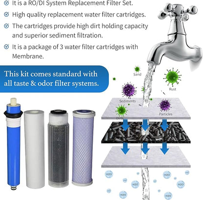 CFS – 10" RODI Water Filter Kit Includes Sediment, Carbon & Color Indicating DI Cartridge with 50 GPD RO Membrane – Filled with MBD-30 Resin – Removes Impurities & Odor – RO/DI System Replacement Kit