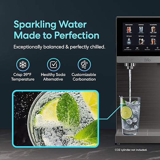 Brio Q60 Sparkling Water Countertop Dispenser with Refillable Tank, No Plumbing Required, Instant Hot & Cold, 4-Stage Reverse Osmosis Filtration, Touch Screen Display, Black