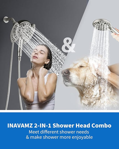 INAVAMZ 2-in-1 Shower Head with Handheld Combo: Rainfall Shower Head & Detachable Shower Head Use Together or Alone, 9 Spray Settings Showerhead with Hose Nickel, Shower Trim Systems