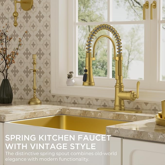 FORIOUS Gold Kitchen Faucet with Pull Down Sprayer, Stainless Steel Single Handle Spring Antique Brass Kitchen Sink Faucet with Deck Plate for 1 or 3 holes, Sutiable for Farmhouse, RV, Camper, Wet Bar