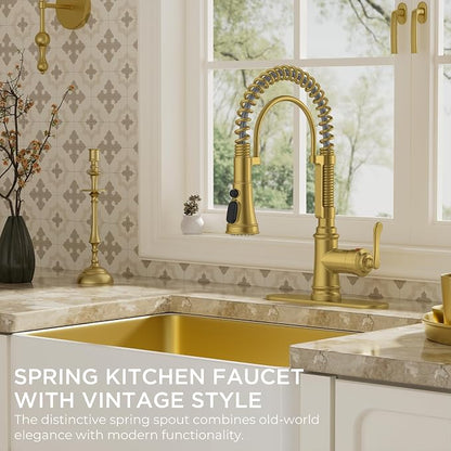 FORIOUS Gold Kitchen Faucet with Pull Down Sprayer, Stainless Steel Single Handle Spring Antique Brass Kitchen Sink Faucet with Deck Plate for 1 or 3 holes, Sutiable for Farmhouse, RV, Camper, Wet Bar