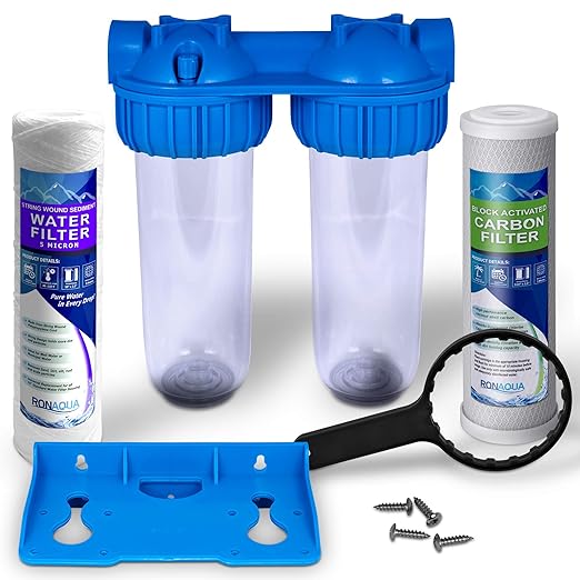 Dual Whole House Water Filter System, Transparent Standard Housings, Presser Relief Button, 3/4” Inlet/Outlet Brass Port, Meets NSF Standards & Regulations (Carbon and Wound String Sediment Filters)