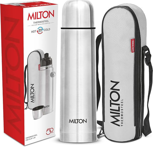 Milton Flask 25 oz Insulated Water Bottle with Cover, Flip Lid, Thermosteel | Stainless Steel, Double Wall Vacuum Insulation, Keeps Drinks Hot & Cold up to 24 Hours, Leak Proof, Silver