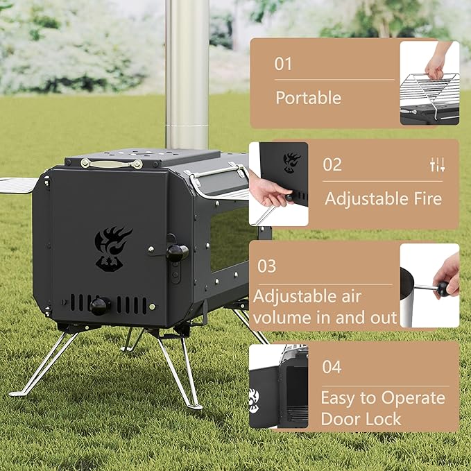 Cast Iron Portable Wood Burning Camping Stove, Compact Tent Stove with Chimney Pipe & View Glass for Ice Fishing, Hiking, Travel, Cookout