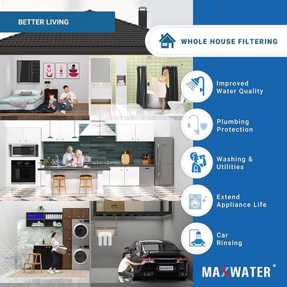 Max Water 3 Stage Water Softening10 inch Standard Water Filtration System for Whole House - Sediment + Cation Resin + GAC - ¾ Inlet/Outlet - Model : WH-SW2