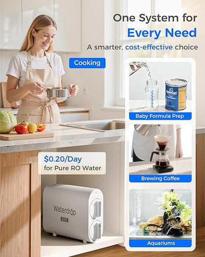 Waterdrop G2P600 Reverse Osmosis System, TDS Reduction, 7 Stage Water Filtration, NSF/ANSI 372 Certified, 600 GPD Tankless RO Water Filter System, Under Sink, 2:1 Pure to Drain