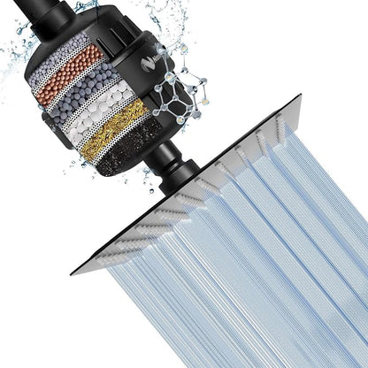 NearMoon Square Shower Head and 15 Stage Shower Filter Combo, High Pressure Filtered Head for Hard Water, Improves the Condition of Your Skin, Hair (Matte Black)
