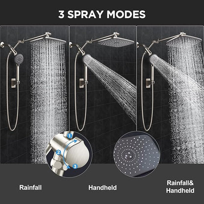 Veken 11.8" Brushed Nickel Rain Shower Head with Handheld, High Pressure Handheld Shower Heads with Multi Spray Modes,Rainfall Combo with 15" Metal Extension Arm,Detachable Dual Shower,Regaderas Para