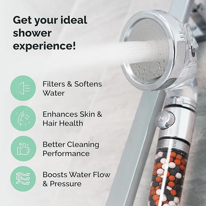 Original StoneStream EcoPower High Pressure Handheld Shower Head with ON OFF switch- 3 Spray Settings with Hose, Wall Adapter and Replacement Beads