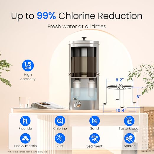 Waterdrop TK15-A-FS Gravity Water Filter System, NSF/ANSI 42&372 Certified | Reduce Chlorine, Stainless-Steel Water System with 4 Filters, Metal Spigot and Stand for Home, Travel, Emergencies, 1.5G