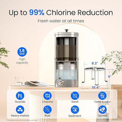 Waterdrop TK15-A-FS Gravity Water Filter System, NSF/ANSI 42&372 Certified | Reduce Chlorine, Stainless-Steel Water System with 4 Filters, Metal Spigot and Stand for Home, Travel, Emergencies, 1.5G