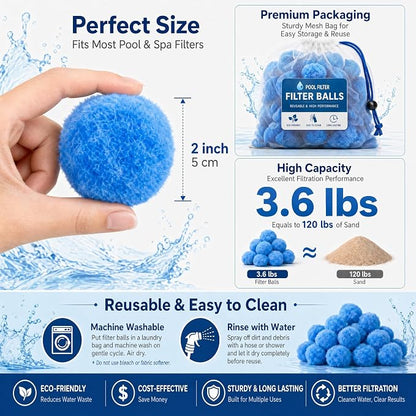 2026 Upgraded 3.6lb Pool Filter Balls for Sand Filter with Wash Bag, Reusable Blue Sand Filter Balls for Swimming Pool, Above & In Ground Pool, Pool Filter Media Replace 120lbs Filter Sand