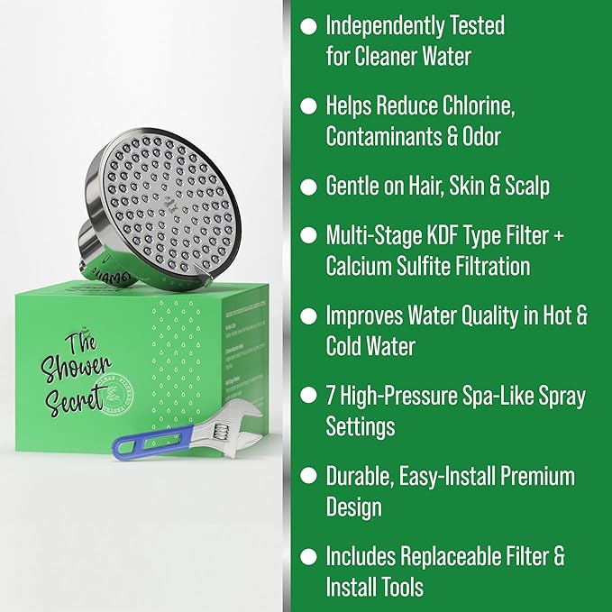 Lab Tested Filtered Shower Head for Improved Hair & Skin. Great for Dry Itchy Skin, Dandruff, Eczema. Multi Stage Calcium Sulfite Filter. 7 Spray Spa Setting. Chlorine Reducing Filter for Hard Water