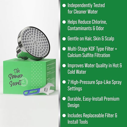 Lab Tested Filtered Shower Head for Improved Hair & Skin. Great for Dry Itchy Skin, Dandruff, Eczema. Multi Stage Calcium Sulfite Filter. 7 Spray Spa Setting. Chlorine Reducing Filter for Hard Water