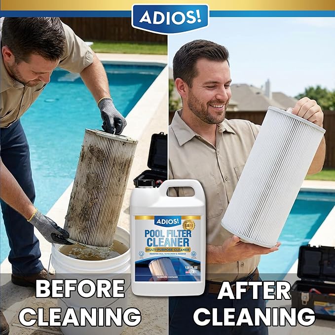 ADIOS! Pool Filter Cleaner, Deep Cleaning Soak Solution for Cartridge, Sand and DE Filters – Degreases and Restores Media - 128oz (Gallon)