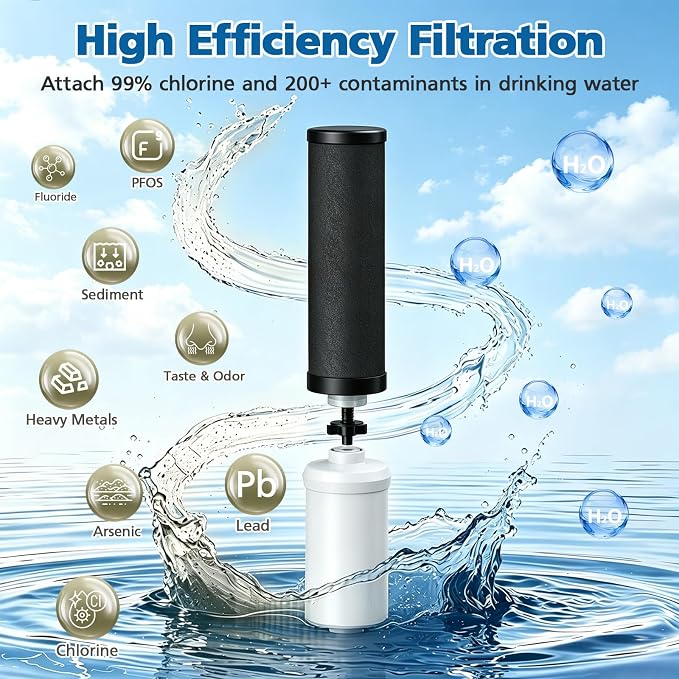 Water Filter Replacement Compatible with Ber-key ® BB9-2 Gravity System | Coconut Shell Activated Carbon for 250+ Contaminants, 4 Black Carbon Filters + 2 White Fluoride Filters