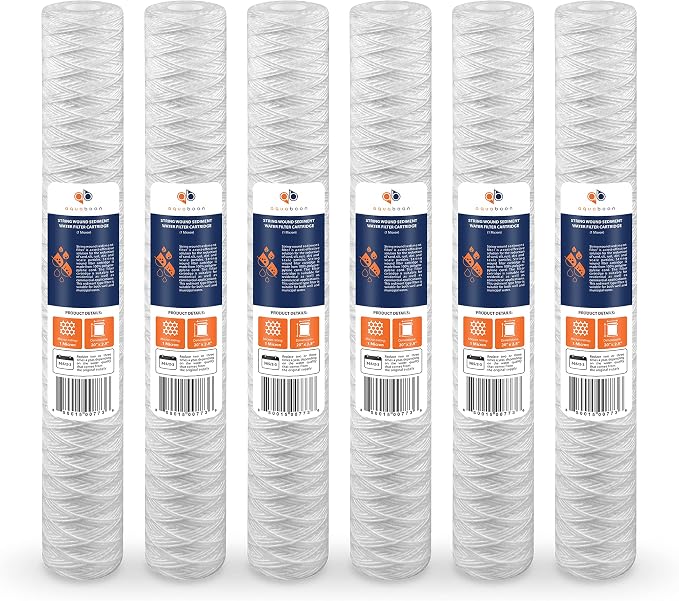 Aquaboon 1 Micron 20" x 2.5" String Wound Water Filter Cartridge - Whole House Water Filter Replacement for Well Water Matches SWC-25-2005, 6-Pack