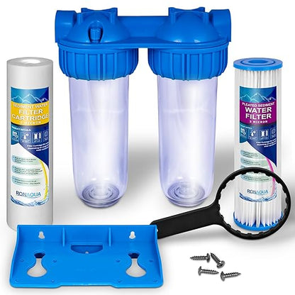 Dual Whole House Water Filter System, Transparent Standard Housings, Presser Relief Button, 3/4” Inlet/Outlet Brass Port, Meets NSF Standards & Regulations (5 Mic Pleated & Standard Sediment Filters)