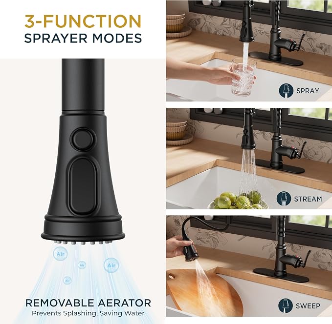 FORIOUS Black Kitchen Faucet with Pull Down Sprayer, Stainless Steel Single Handle Spring Antique Kitchen Sink Faucet with Deck Plate for 1 or 3 Holes, Sutiable for Farmhouse, RV, Camper, Wet Bar