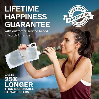 Survivor Filter Squeeze Kit – Emergency Water Straw with 2 Collapsible 33.8 fl oz Bottles – USA-Tested – 0.05 Micron Filtration – Portable Outdoor Water Filter for Camping & Hiking – No Expiration