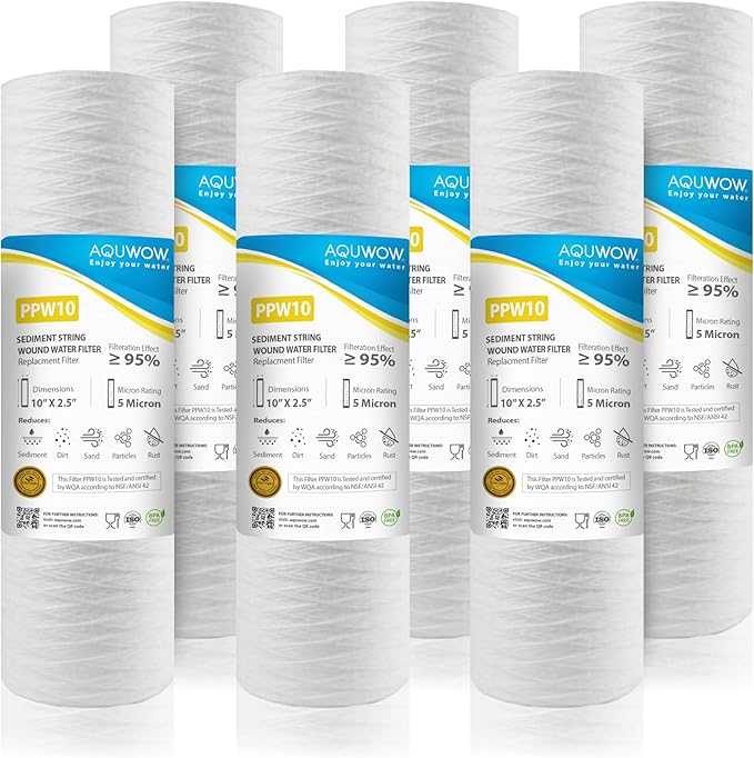 PPW10 5 Micron 2.5" x 10" String Wound Sediment Filter Set – Replacement Cartridges for Whole House & Under Sink Systems, Durable Depth Filtration (6, 10 x 2.5)