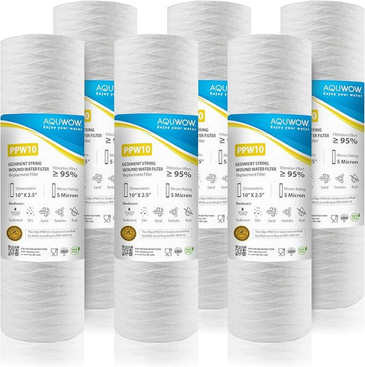 PPW10 5 Micron 2.5" x 10" String Wound Sediment Filter Set – Replacement Cartridges for Whole House & Under Sink Systems, Durable Depth Filtration (6, 10 x 2.5)